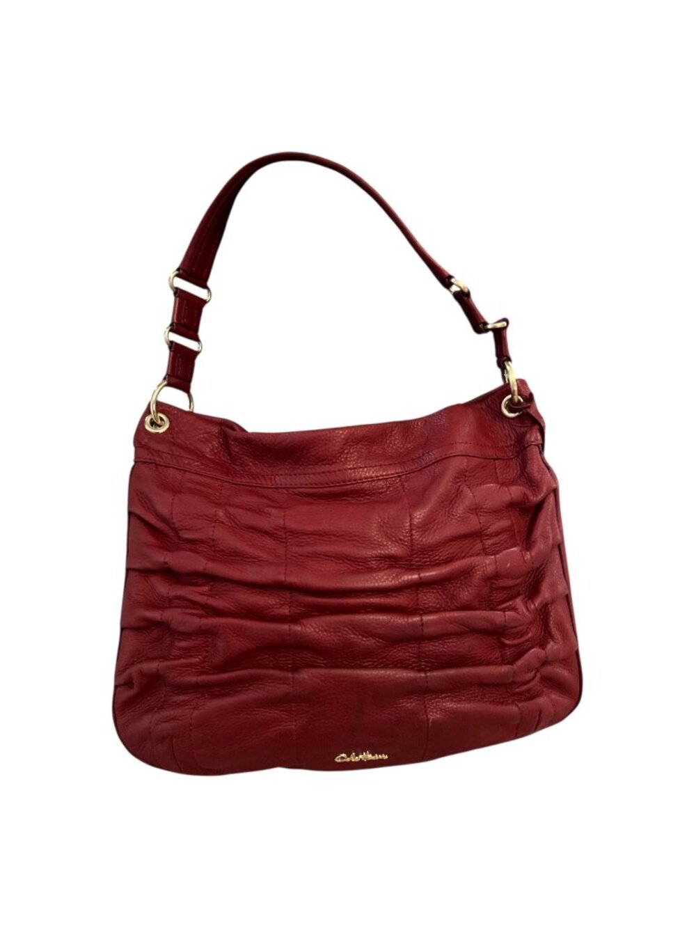 Cole Haan Gathered Leather Hobo Shoulder Bag Red Pebbled Leather Gold Tone Hardw